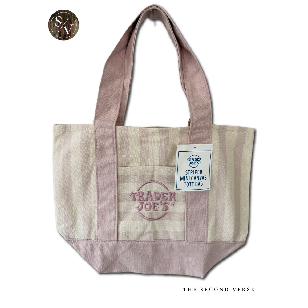 Trader Joe's Mini Canvas Tote Bag Striped Pink Cream OS